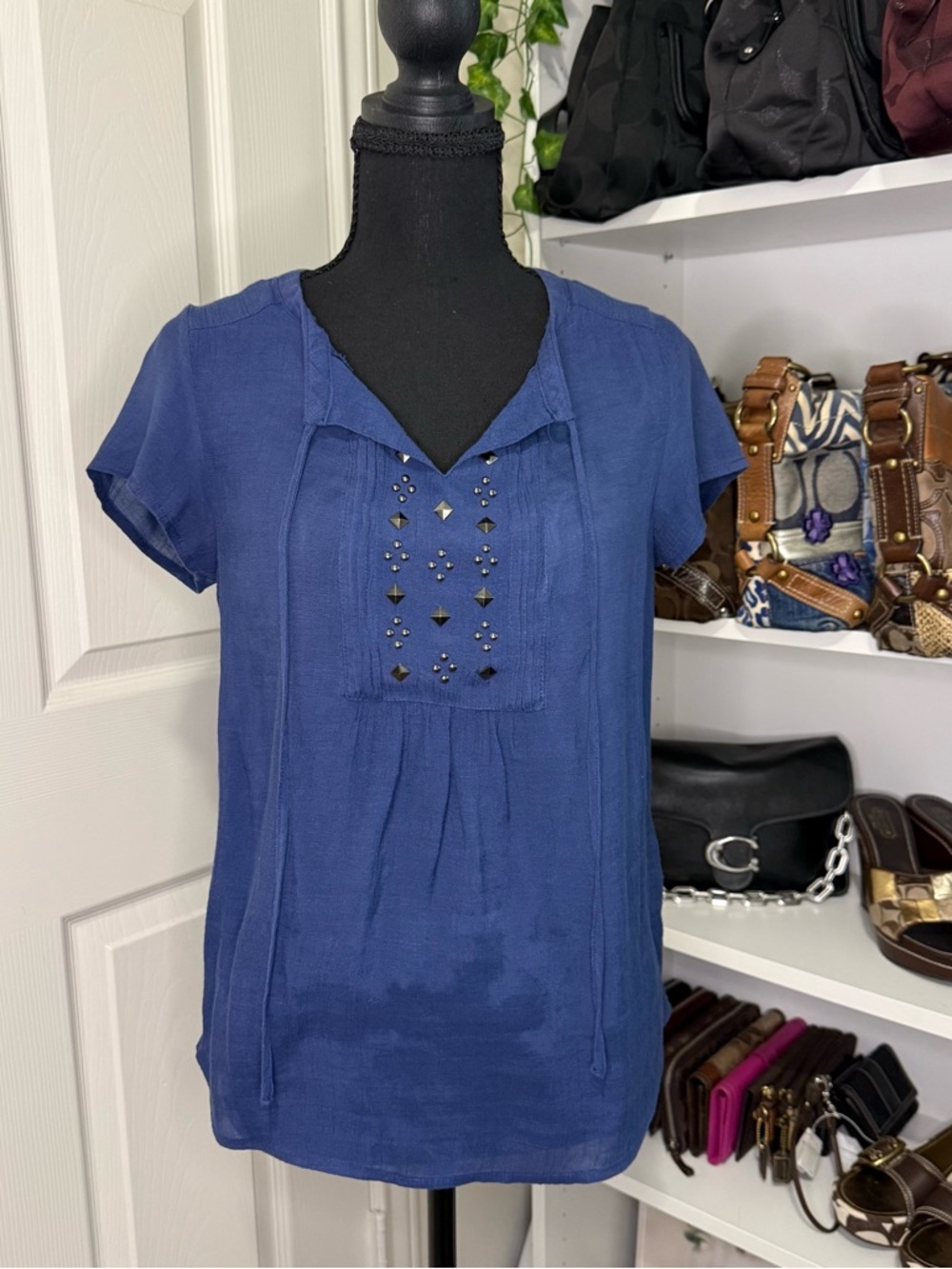 Liz Claiborne Navy Short-Sleeve V-Neck Studded Blouse